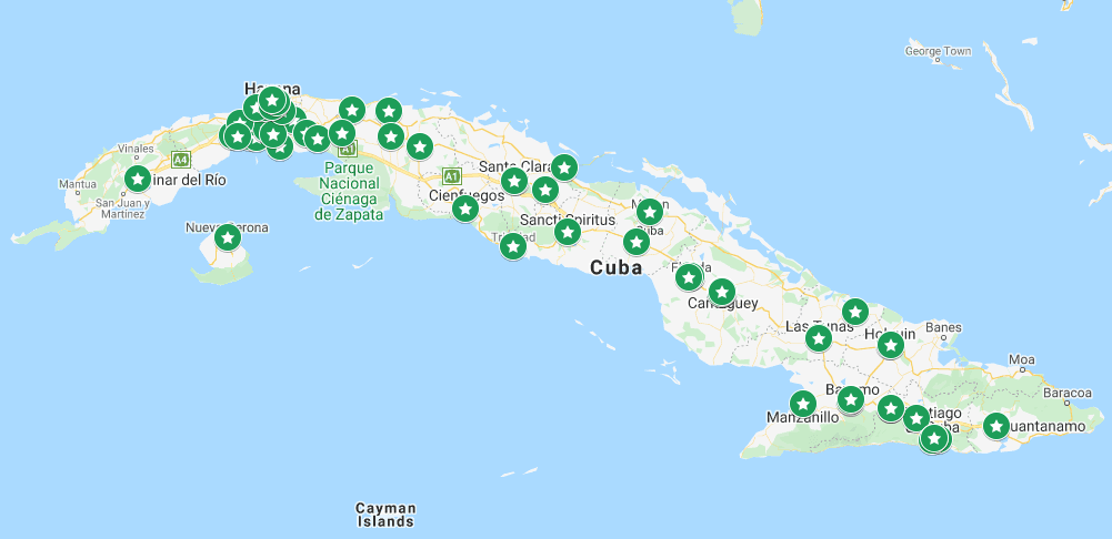 Map showing reported protest locations across Cuba on July 11, 2021