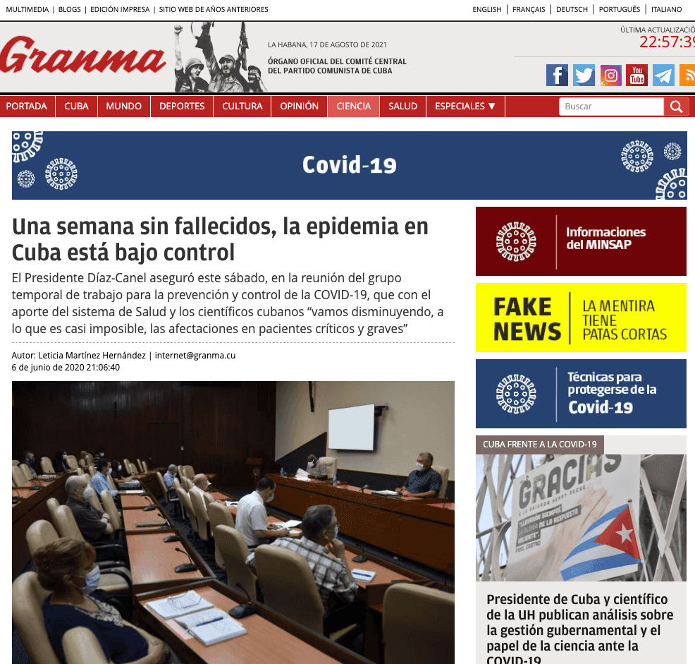 The cuban press Granma published an editions saying Covid is under control